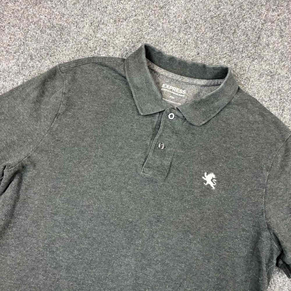 Express Mens Size Medium Stretch Pique Polo Shirt Charcoal Gray Lion Logo